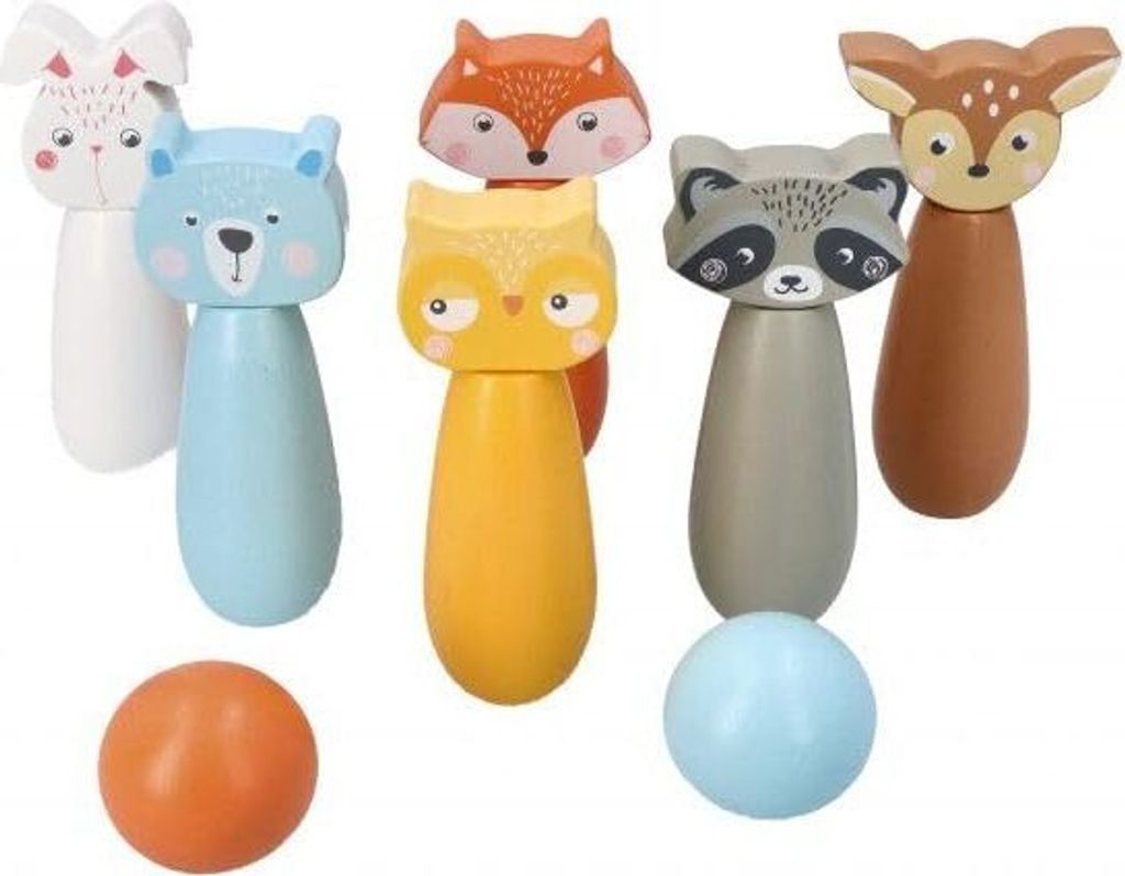 adam toys Kegelspiel für Kinder, 6 Kegel, 2 Bälle - Bowling-Set für Kinder, Waldtier-Figuren - Bemaltes Holz - Spielzeug ab 3 Jahre - Outdoor, I...
