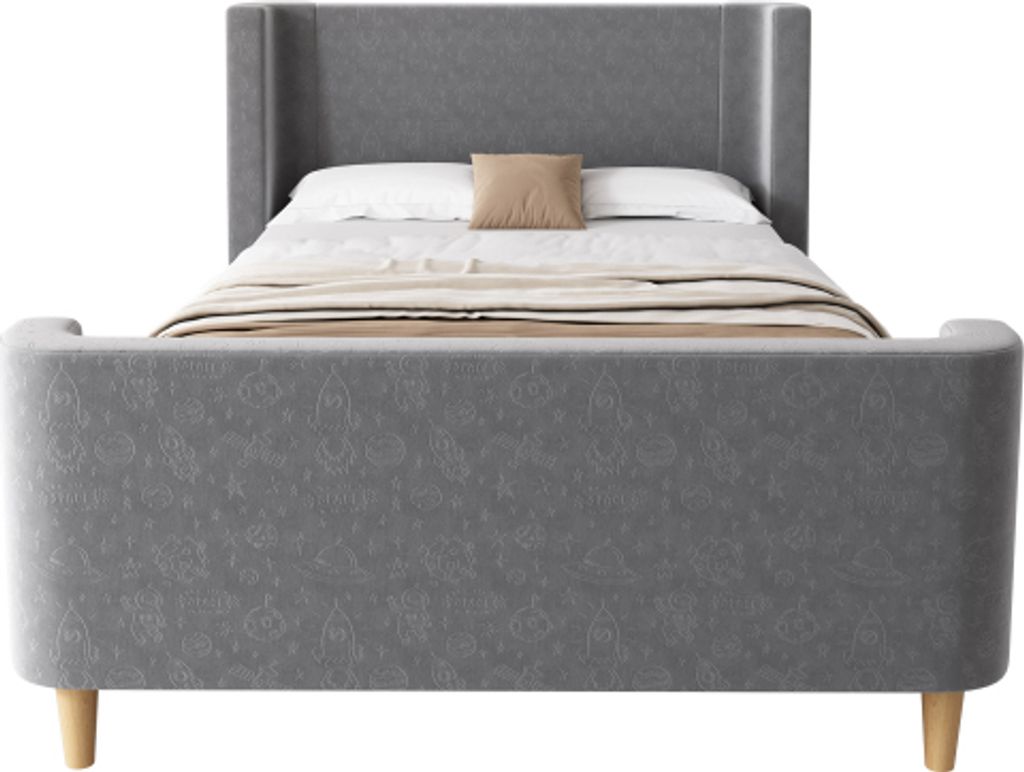 Kinderbett 90 x 200 cm (ohne Matratze) Polsterbett GrauMetall + Samt + Massivholz Jugendbetten Gaestebetten Einzelbett Schlittenbett kosmischem