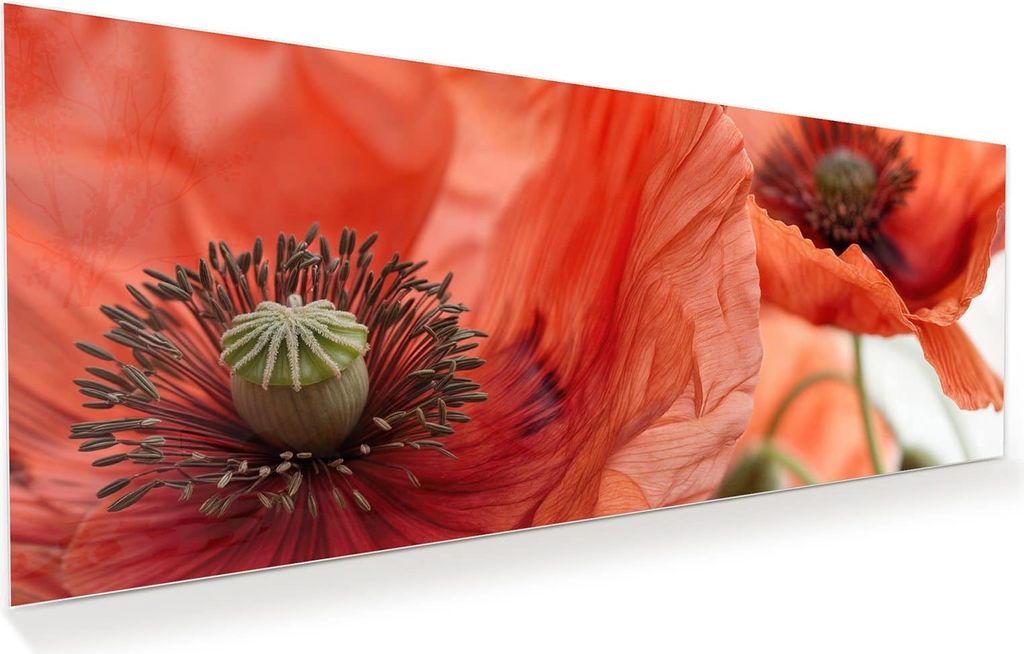 Glasbild 100x40cm in XXL für Wohnzimmer, Schlafzimmer Motiv Mohnblüten
