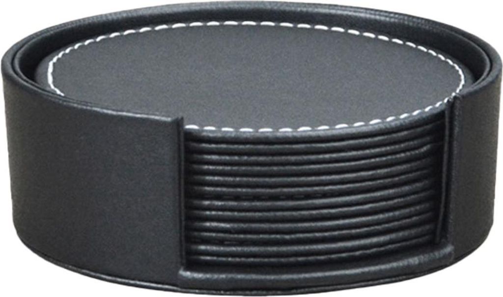 Ein Set aus 6 runden Getränkeuntersetzern aus Leder, geeignet für den Gebrauch zu Hause und in der Küche, in Schwarz.