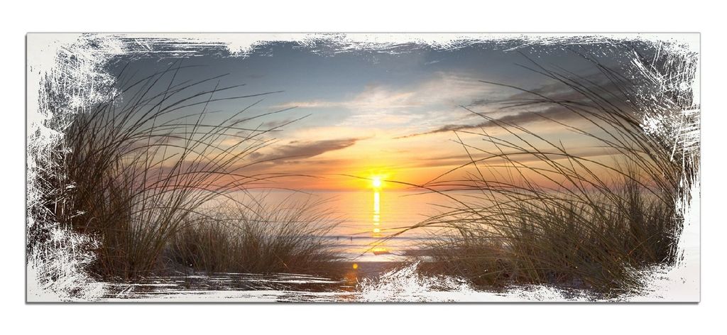 Wallario Kunstdrucke Wandbilder Holz in : Brillante Farben, Größe 50 x 125 cm Motiv Sonnenuntergang am Strand