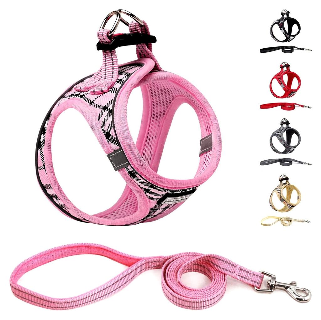 Hundegeschirr für kleine Hunde mit Leine, reflektierend und atmungsaktiv, Brustgeschirr für Welpen (Rosa Kariert, M, Brust: 34-39 cm)