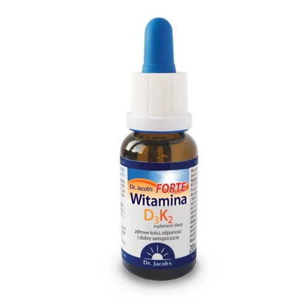 A product shot of a bottle of Dr. Jacob's Vitamin D3 + K2 FORTE drops.