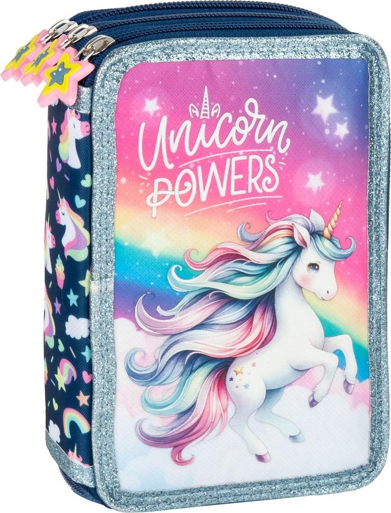 Einhorn 3 Fach Federtasche gefüllt Federmäppchen Federmappe Produktbild 