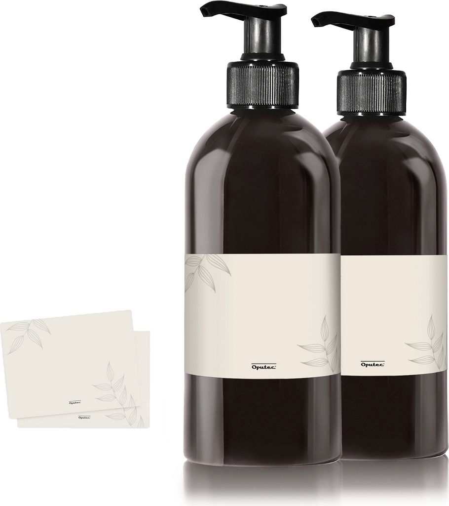 Oputec 2 x 500ml Seifenspender aus Kunststoff schwarz + Etiketten: Shampoo-Flaschen zum Befüllen, als Duschgel-Spender, Pumpspender - Küche Badez...