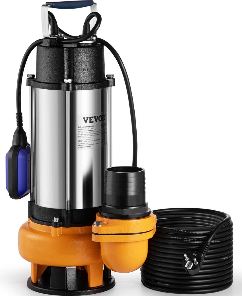 A submersible pump with a float switch and coiled hose, presented against a white background.