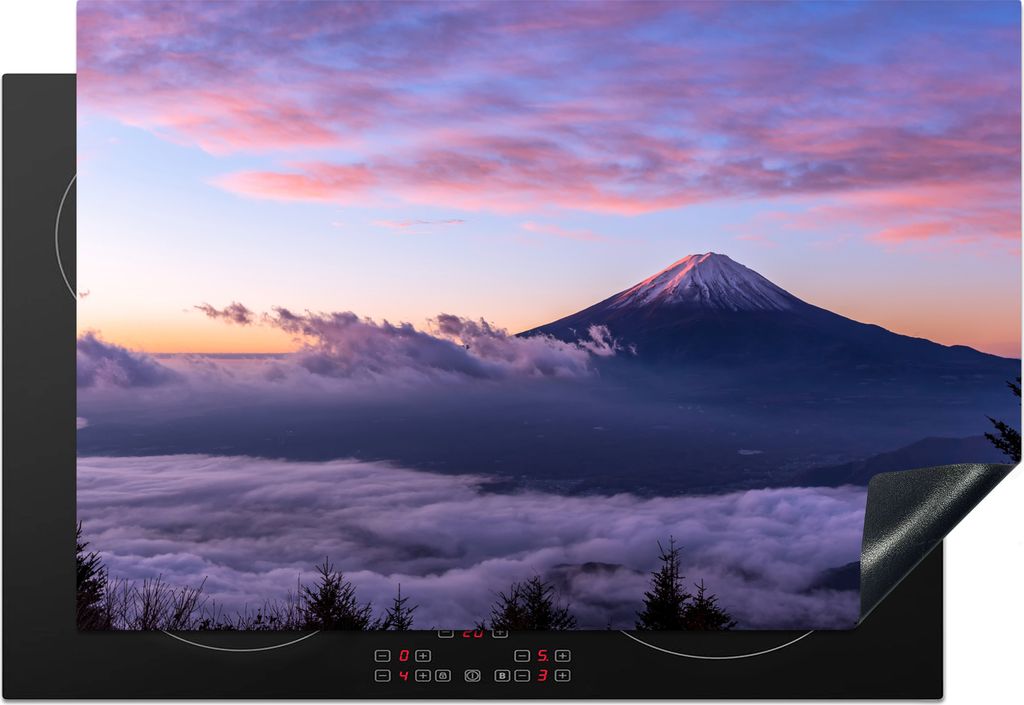 KitchenYeah Herdabdeckplatte Der Berg Fuji mit einer dicken Nebelschicht im Vordergrund in Japan , 76x51cm, Küche Deko, Glaskeramikkochfeld Herd...