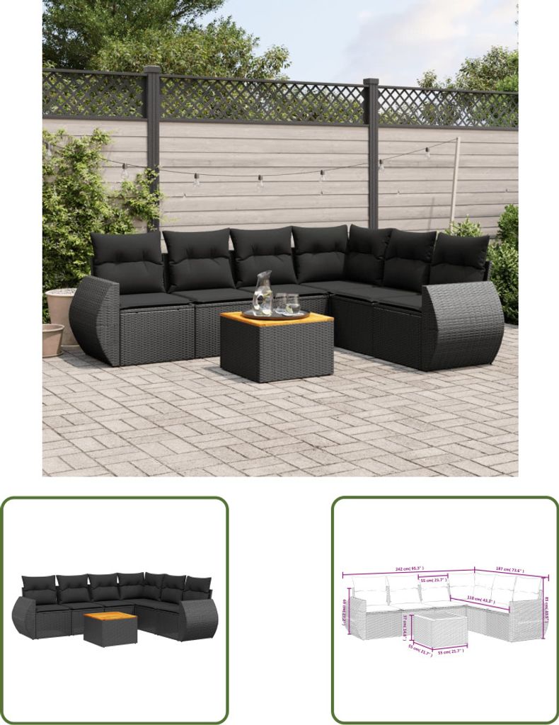 The Living Store 7-tlg. Garten-Sofagarnitur mit Kissen Schwarz Poly Rattan