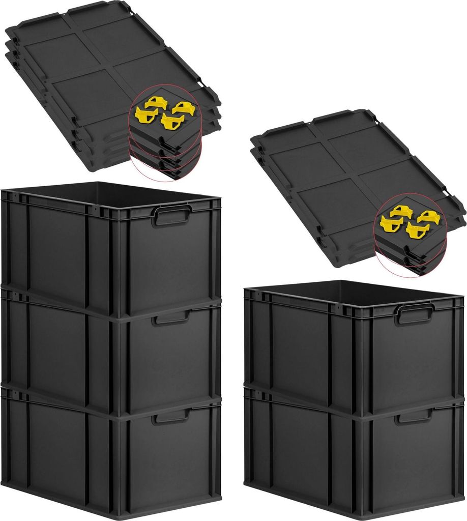 SparSet 5x Eurobox NextGen Grip mit Auflagedeckel inkl. 4 gelben Schiebeschnappverschlüssen | HxBxT 32x40x60cm | 65 Liter | Schwarz | Griffe gesch...