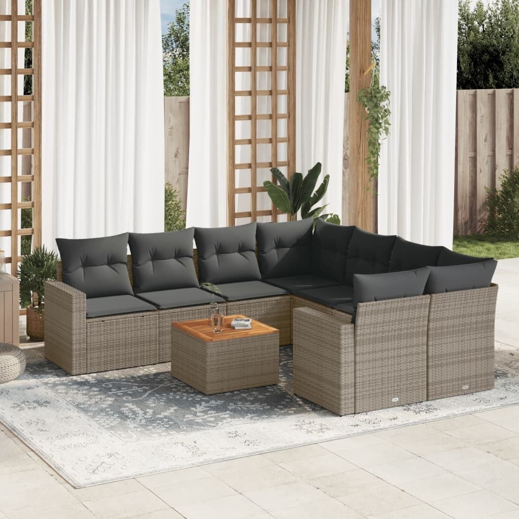 9-tlg. Garten-Sofagarnitur mit Kissen Grau Poly Rattan 3224051