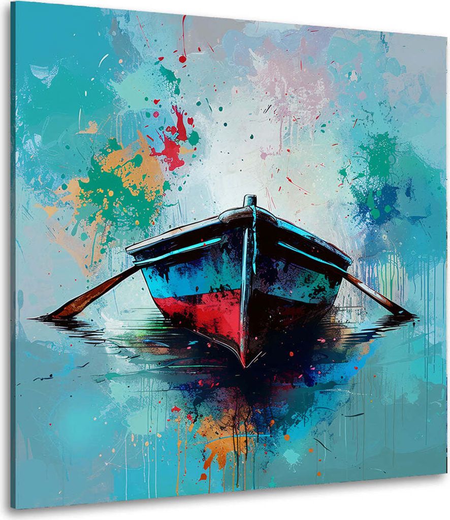 Abstrakt Boot auf türkisfarbenem See Pop Art Leinwandbild Produktbild 