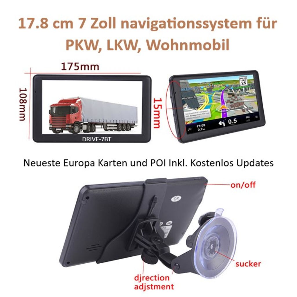 7 Zoll LKW Navigationsgerät PKW BUS Navi Navigation GPS POI Blitzer MP3 Video 