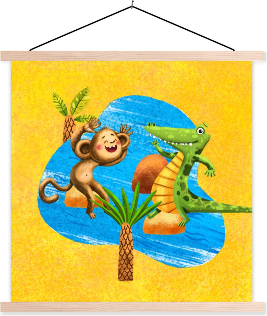 MuchoWow Textilposter Affe - Krokodil - Dschungel - Wasser 40x40 cm mit holzfarbenen Rahmen - Posterleiste