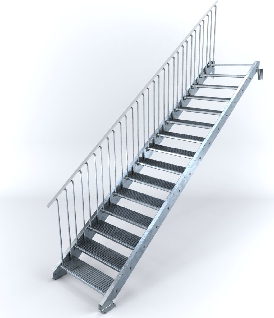 Stahltreppe 15 Stufen bis Höhe 300 cm, Laufbreite : 90 cm Geländer links ST 1 (31 / 31 mm)