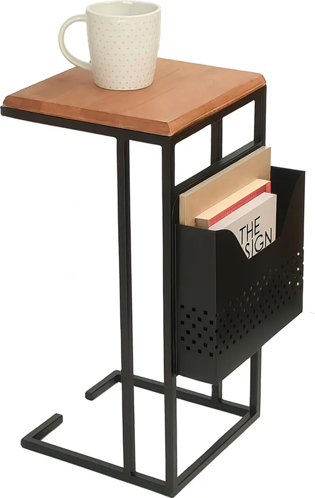Petite Table de Salon en Forme de C en Métal et Bois avec Porte-Revues