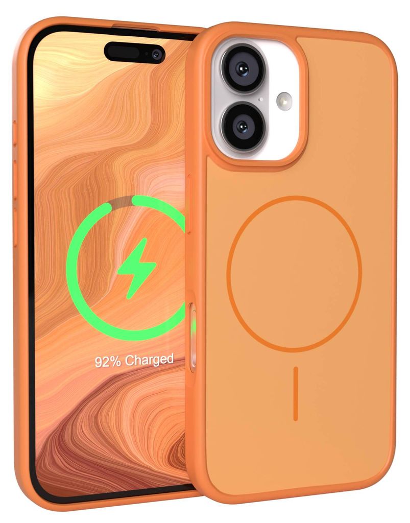 EAZY CASE - Outdoor Case Thin MagSafe Funktion kompatibel mit Apple iPhone 16, dünnes MagSafe-Zeichen, stoßfeste Silikonhülle in Orange