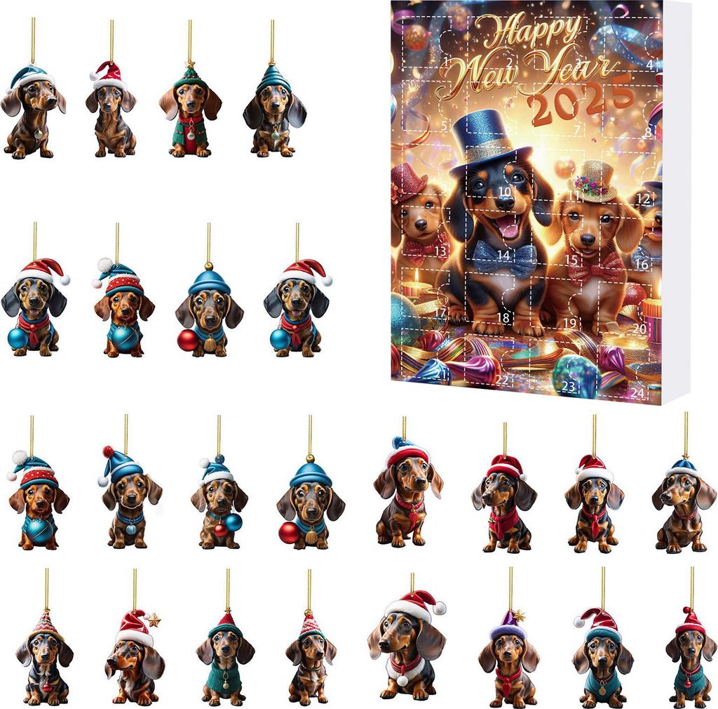 Weihnachts-Dackel-Adventskalender 2025, Weihnachts-Countdown-Kalender, 2D-Cartoon-Dackel, hängende Dekorationen, Frohes neues Jahr, Geschenk für ...