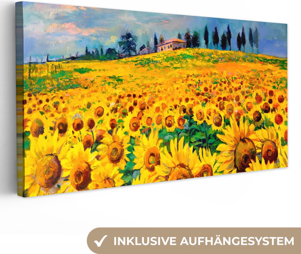 MuchoWow - Leinwandbilder - Ölfarbe - Gemälde - Blumen - Sonnenblume, Wandbild, Wanddeko Bilder Wohnzimmer, 40x20 cm
