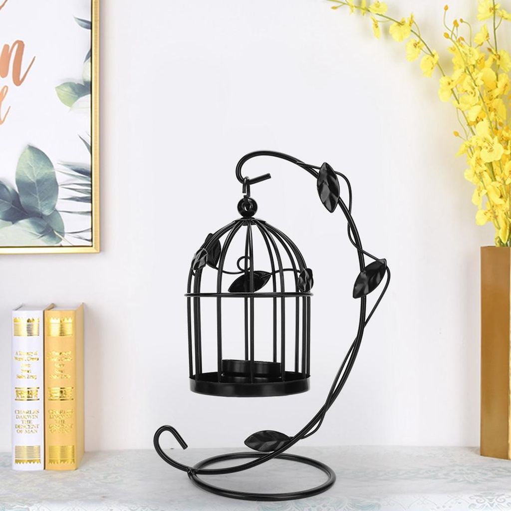 Retro Hollow Out Bird Cage Iron Hanging Candle Holder Kerzenständer Laterne Home Decor (schwarz)