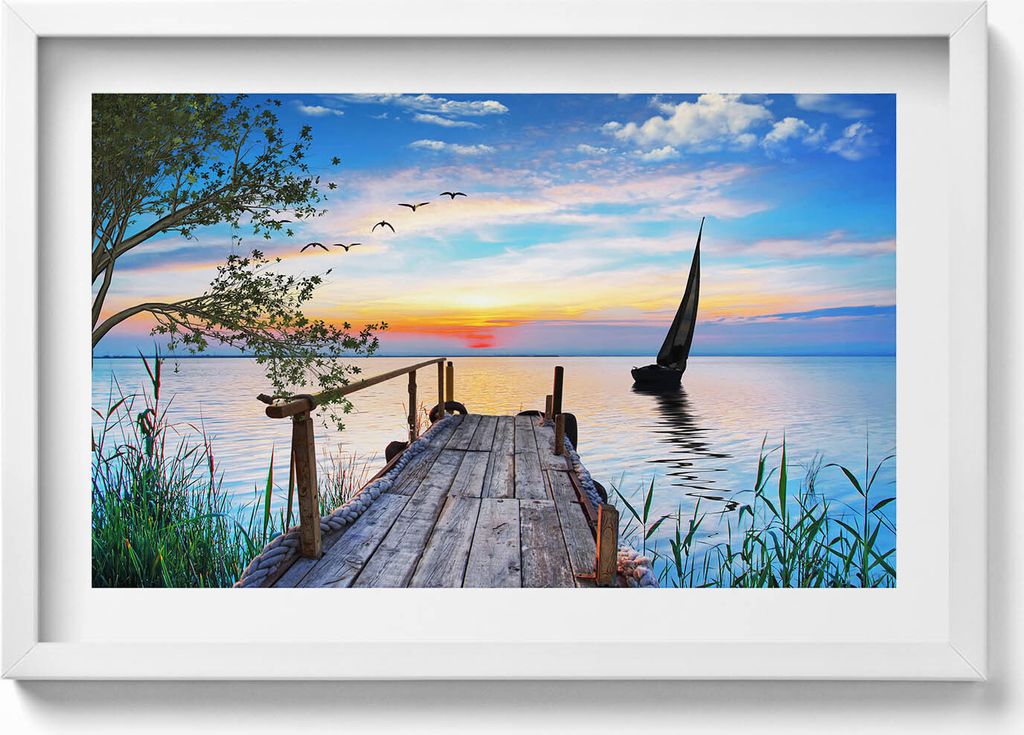 Segelboot auf einem See– Wandbild mit Rahmen – Gerahmtes Bild – Wanddekoration – 60x40 cm – Schwarz Rahmen