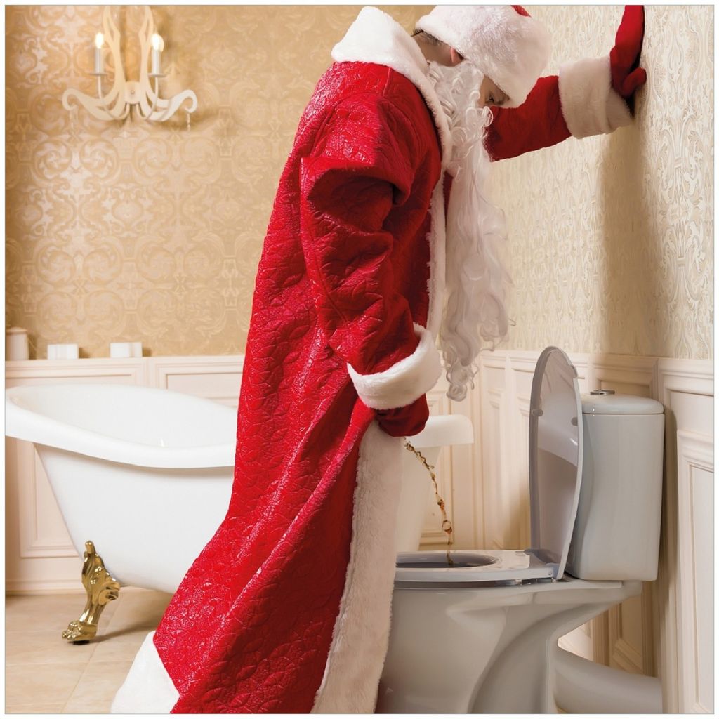 Wallario Premium Glasbild, freischwebende Optik, kräftige Farben, Größe 30 x 30 cm Motiv Weihnachtsmann macht Pause und pinkelt auf edler Toilette