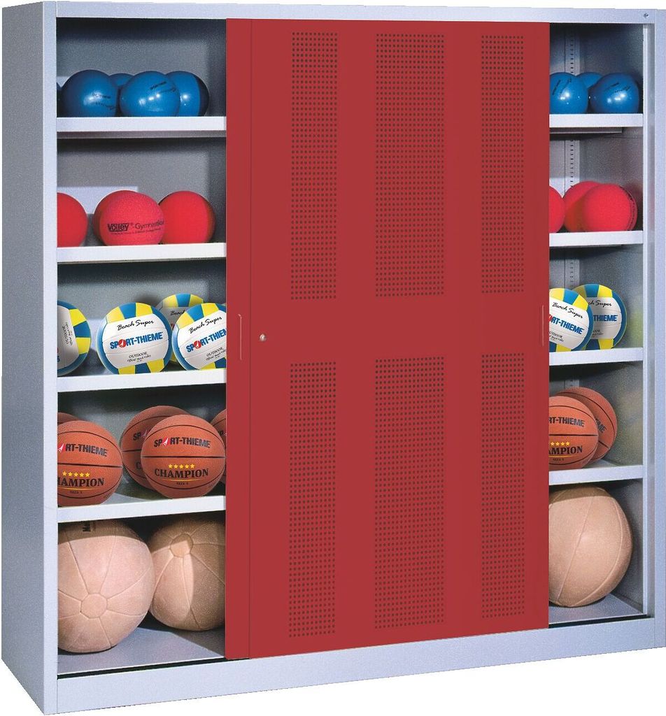C+P Ballschrank mit Lochblech-Schiebetüren (Typ 4), HxBxT 195x190x60 cm, Rubinrot (RAL 3003), Lichtgrau (RAL 7035), Einzelschließung