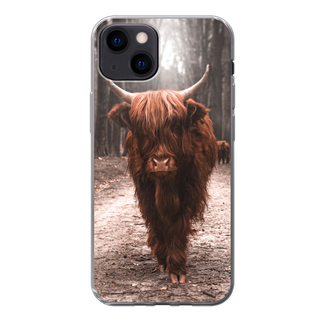 MuchoWow Handyhülle Schutzhülle Hülle für iPhone 13 mini Schottischer Hochländer - Wald - Kuh - Tiere - Natur Silikon Softcase Handy Hülle ...