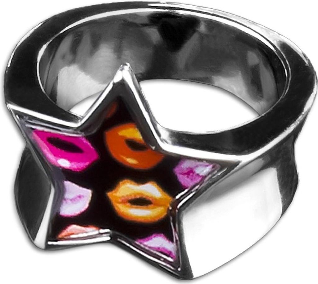 viva-adorno Gr. 53 (16,8 mm Ø) Edelstahl Damen Ring Stern Buntes Motiv Animal Print Muster Fingerring Rockabilly RS46 Lippen