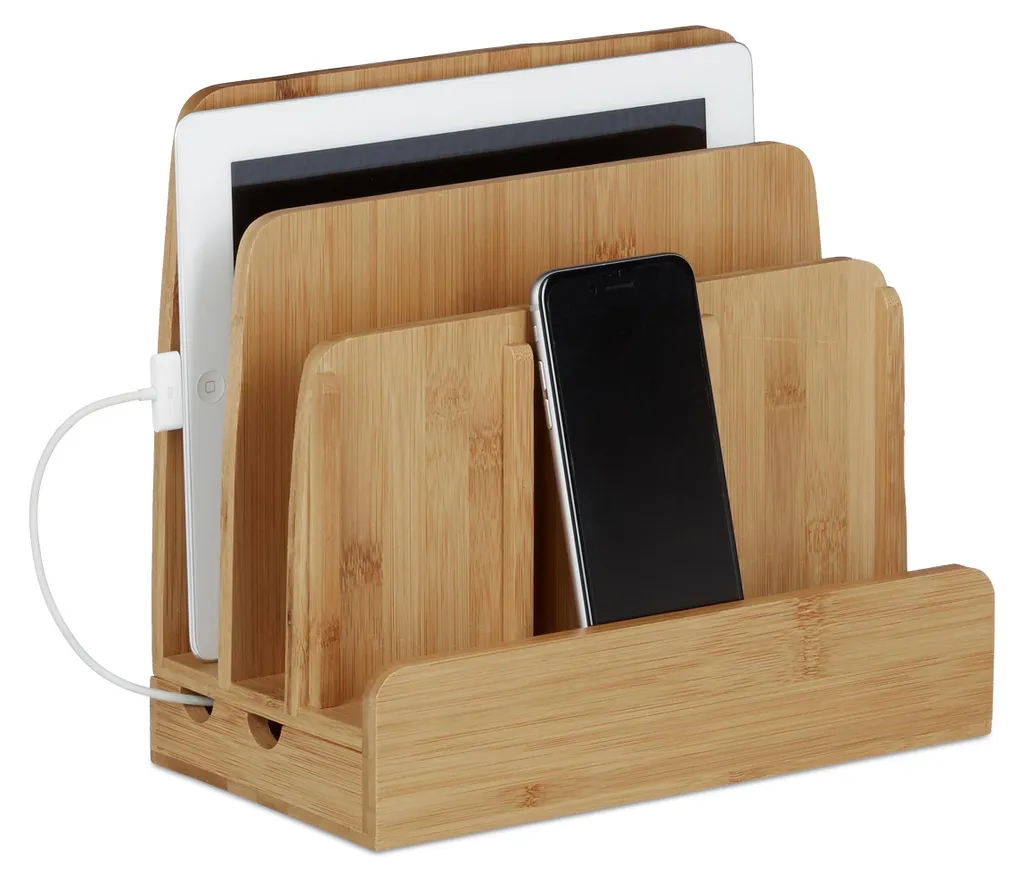 Relaxdays Station de recharge en bambou pour smartphones et tablettes