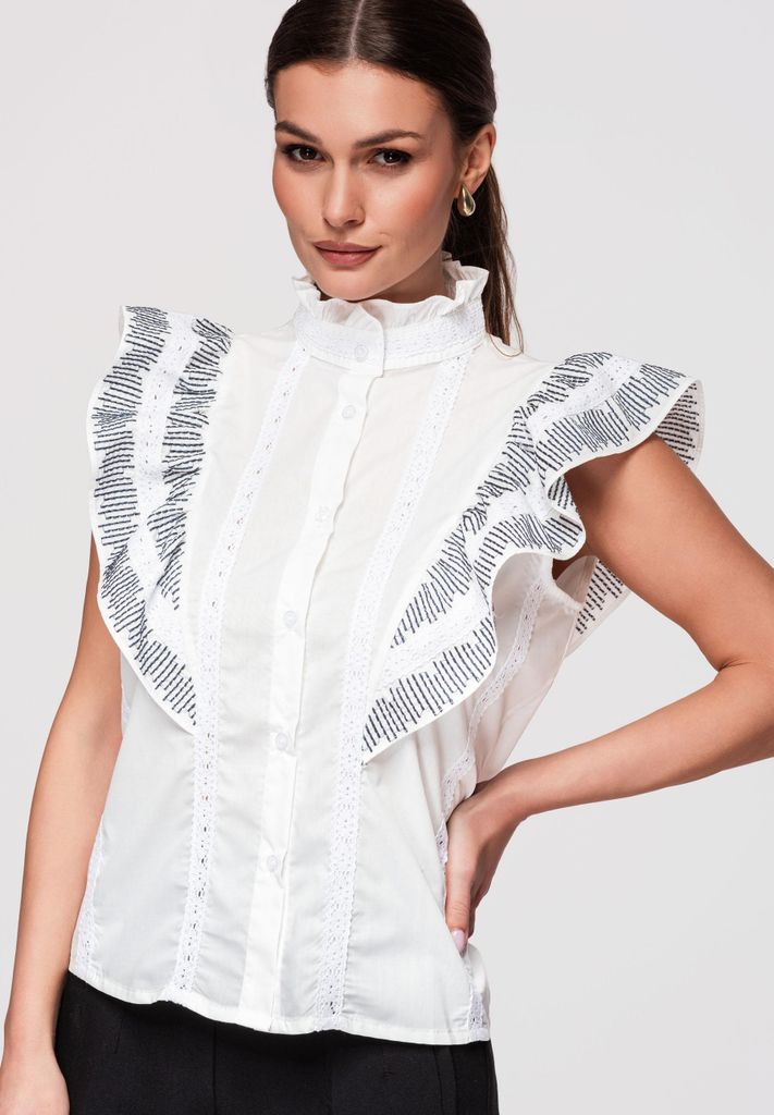LARICA Damen Bluse Baumwolle Ärmellos Romantisch Elegant OW-SH-E0002 white S