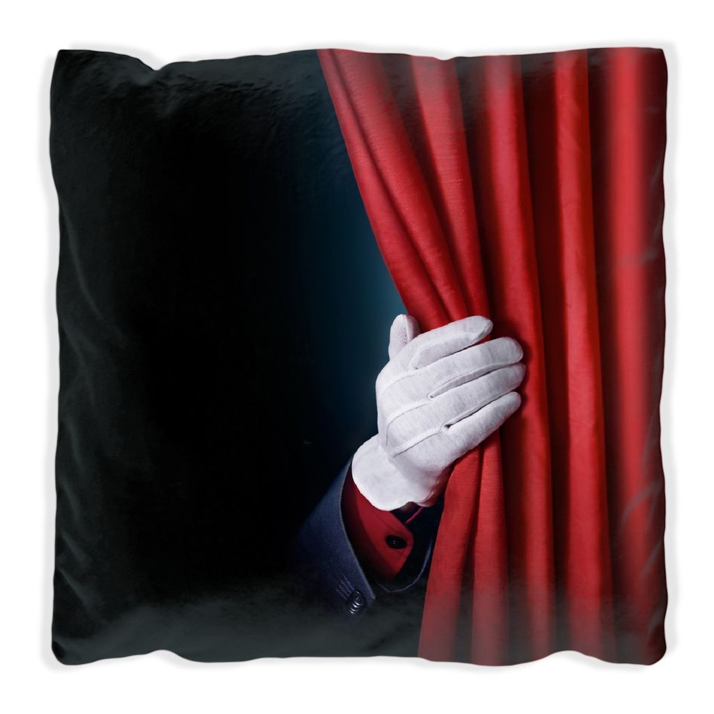 Wallario Premium Kissen, weiche Oberfläche, mit Motiv Vorhang auf für die Show Hand hinterm roten Vorhang, Größe: 60 x 60 cm, mit weißer Rück...