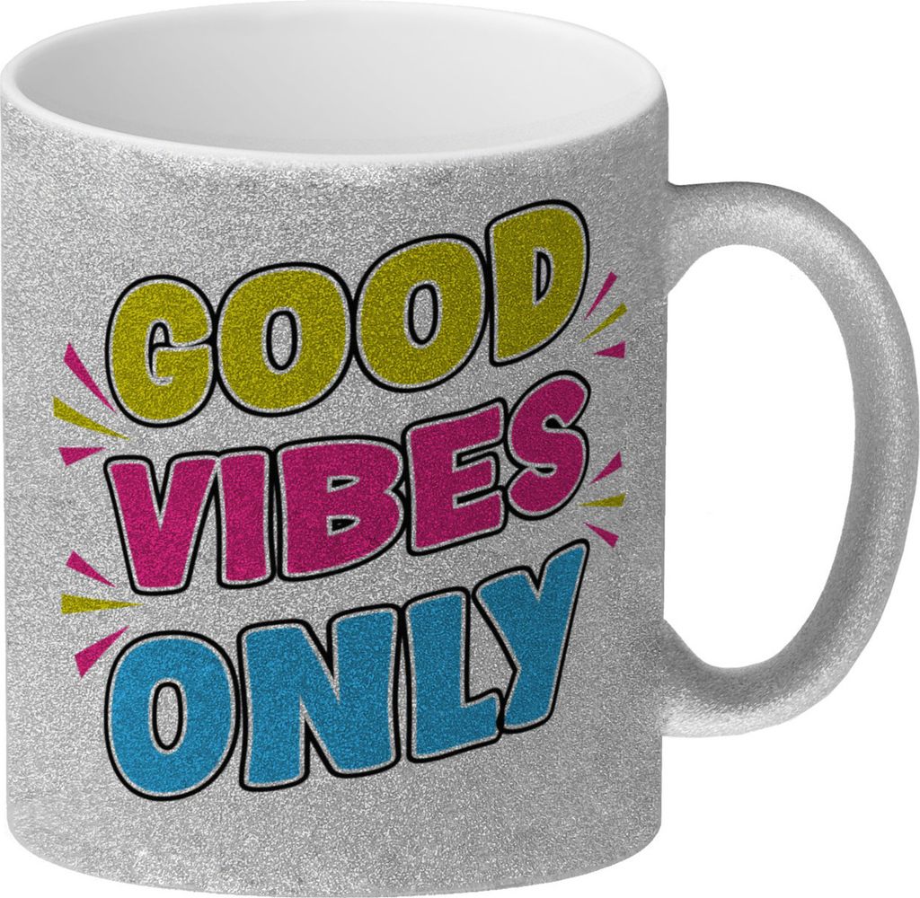 Good Vibes Only Glitzer-Kaffeebecher mit Spruch für Arbeitskollegen