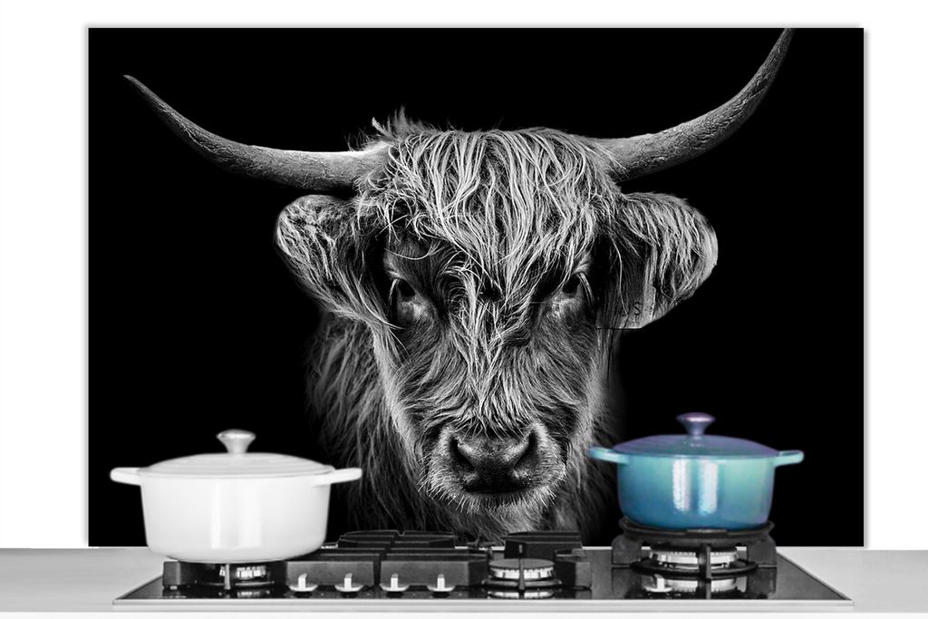 KitchenYeah Spritzschutz Küche - Küchenrückwand - Wandschutz für Herd und Spüle - Schottisches Hochlandrind - Schwarz - Kuh - Tiere 120x80 -...