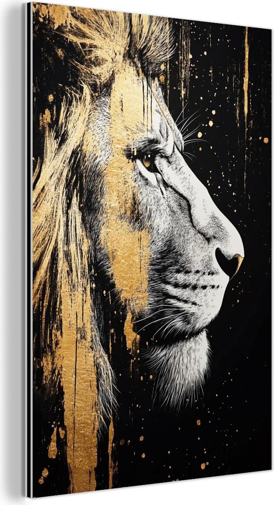 MuchoWow Wanddekoration Metall Metallbild Wandkunst 100x150 cm Porträt - Löwe - Abstrakt - Gold MuchoWow Aluminium Gemälde - Bild