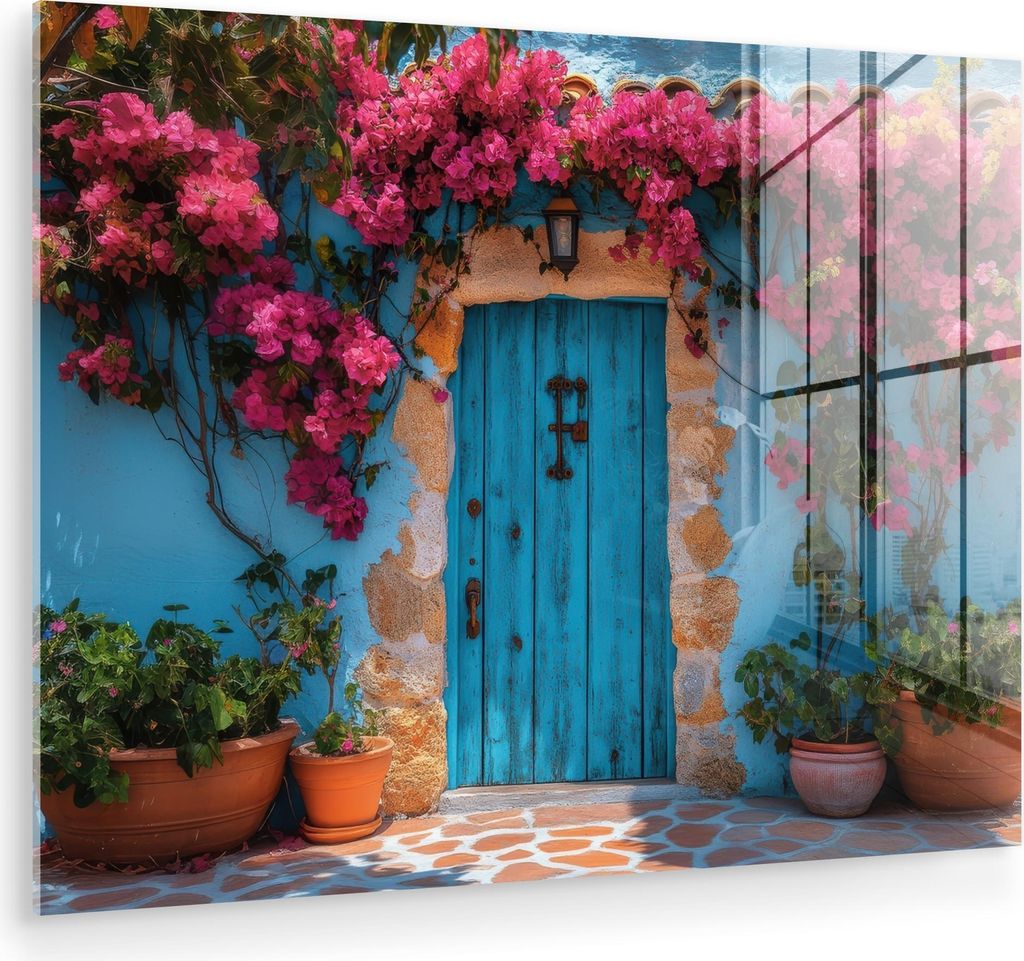MuchoWow Glasbilder - Bilder auf Wandbild - Foto auf Glas Tür - Holz - Blumen - Blau 40x30 cm Wanddekoration aus Glas - Acrylglasbild - Acrylbilde...