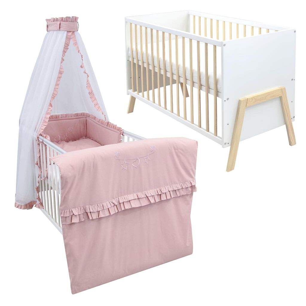 Babybett Kinderbett Gitterbett Juna 60x120 Weiß Schutzgitter Matratze Bettwäsche Set 10tlg Royal Rüsche Rosa