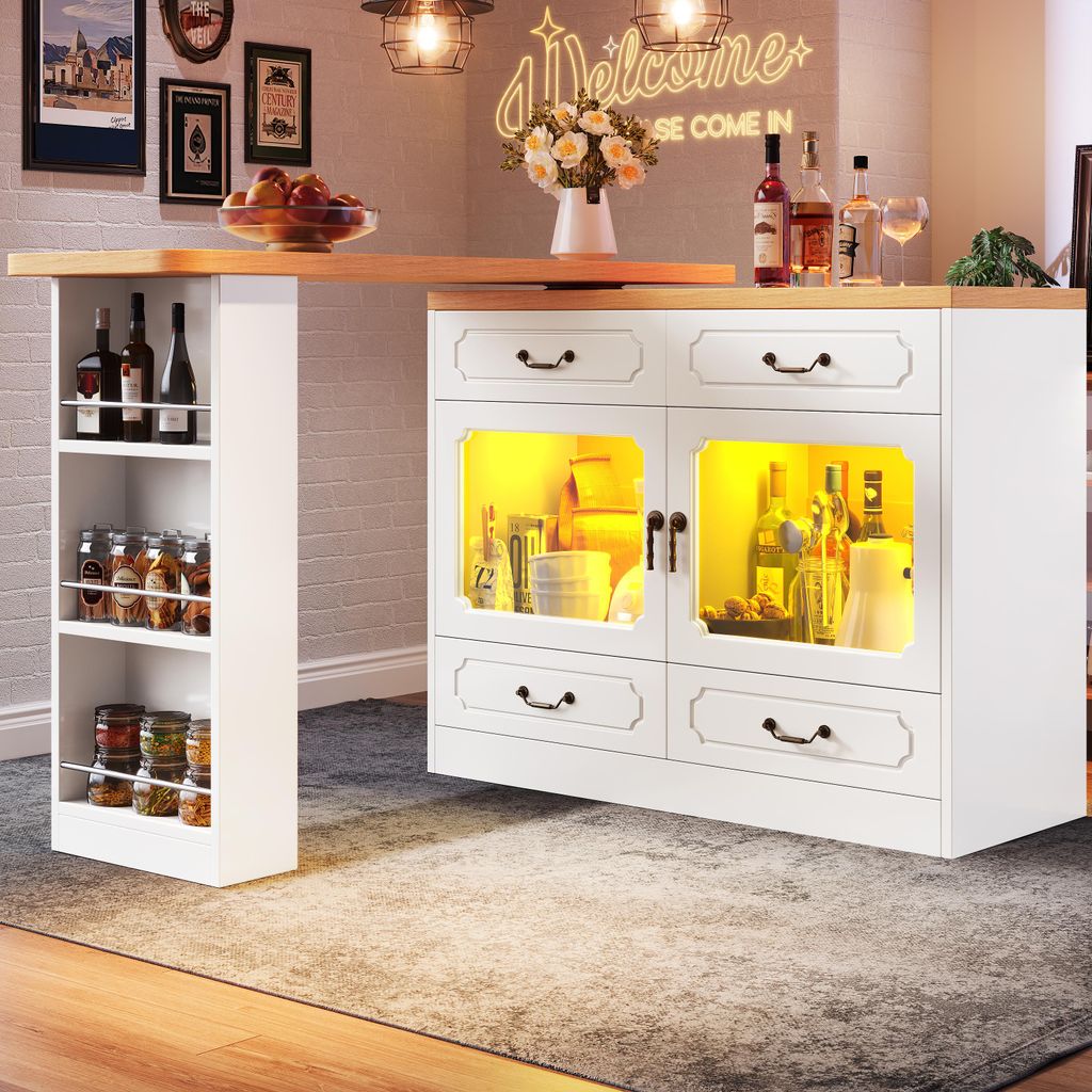 STILVORA Bartisch mit 360° Drehfunktion,Ausziehbarer Kücheninsel Buffetschrank mit LED-Beleuchtung,Küchenschrank mit offene Regale,Weiß