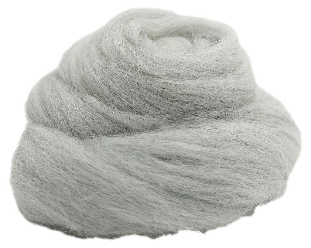 A close-up, isolated shot of a ball of light gray wool roving.