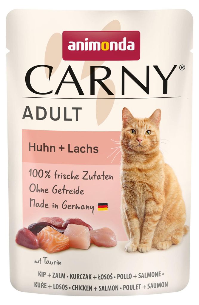 animonda Carny Katzenfutter Huhn + Lachs, 12 Portionsbeutel (12 x 85g), getreidefrei, ohne Zucker