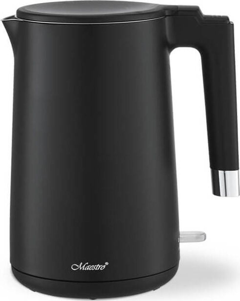 A black electric kettle on a white background.
