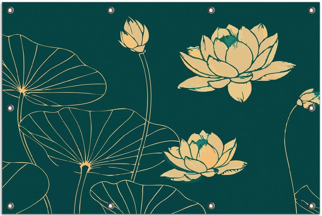 Wallario Outdoor-Poster für Garten oder Balkon, Motiv Lotusblüten im Linienstil, in ca. 80 x 120 cm