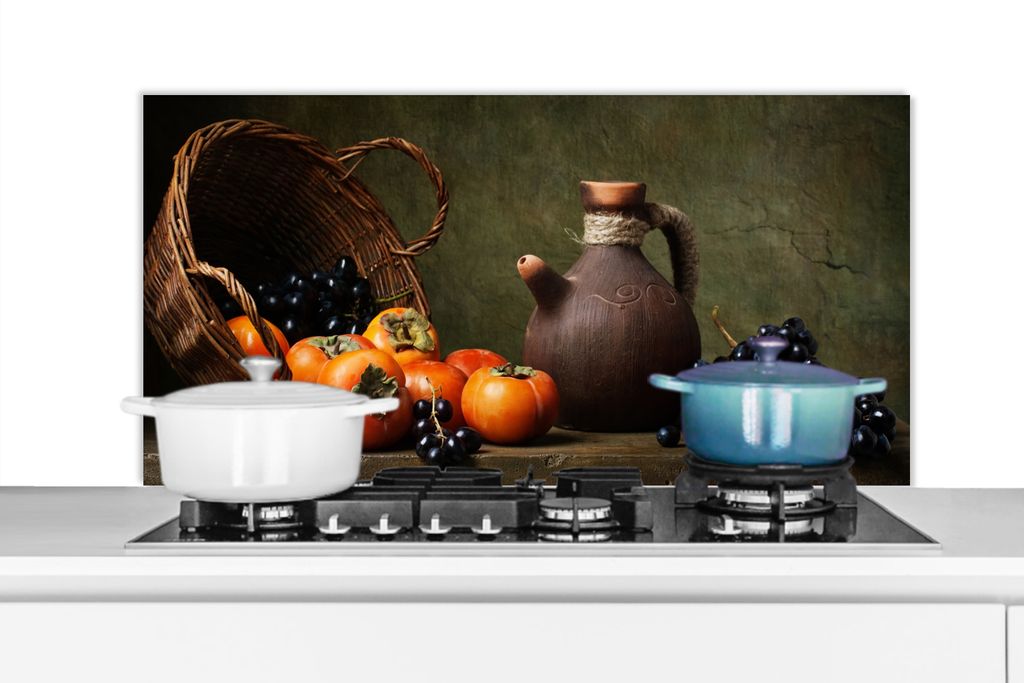 KitchenYeah Spritzschutz Küche - Küchenrückwand - Wandschutz für Herd und Spüle - Rustikal - Obst - Korb - Stilleben 100x50 - Alu-Dibond (Al...