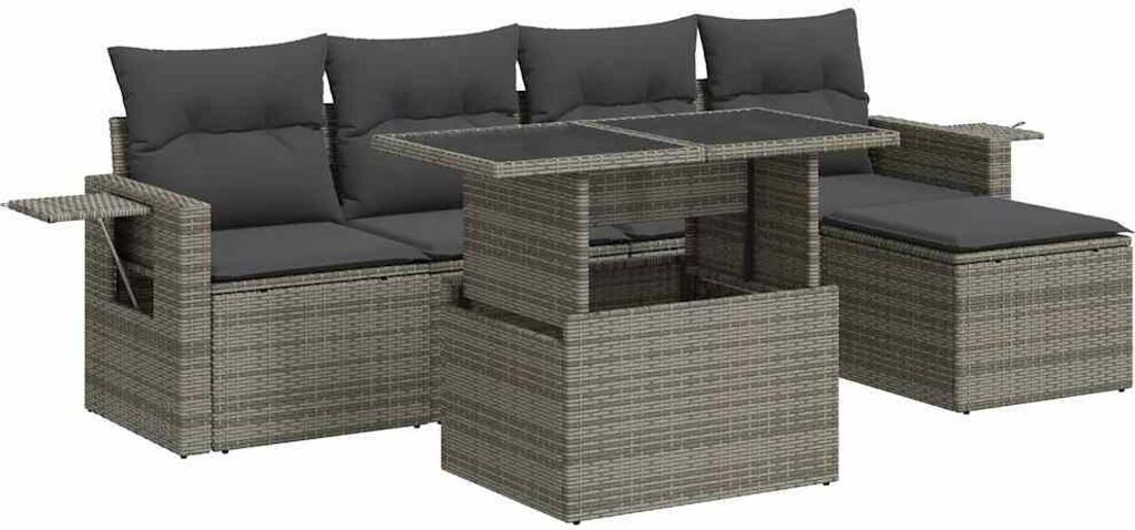 6-tlg. Garten-Sofagarnitur mit Kissen Grau Poly Rattan