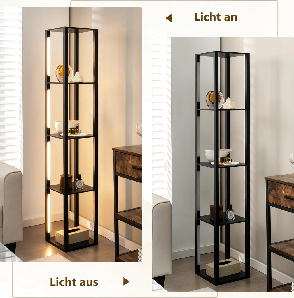 COSTWAY Lampadaire Étagère 163 cm avec LED Dimmable et Étagères Noires