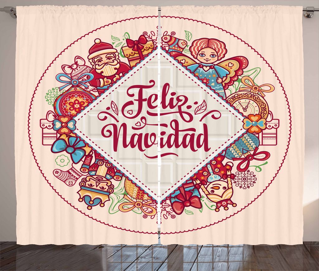 ABAKUHAUS Spanisch Rustikaler Gardine, Feliz Navidad Weihnachten, Schlafzimmer Kräuselband Vorhang mit Schlaufen und Haken, 280 x 245 cm, Mehrfarbig