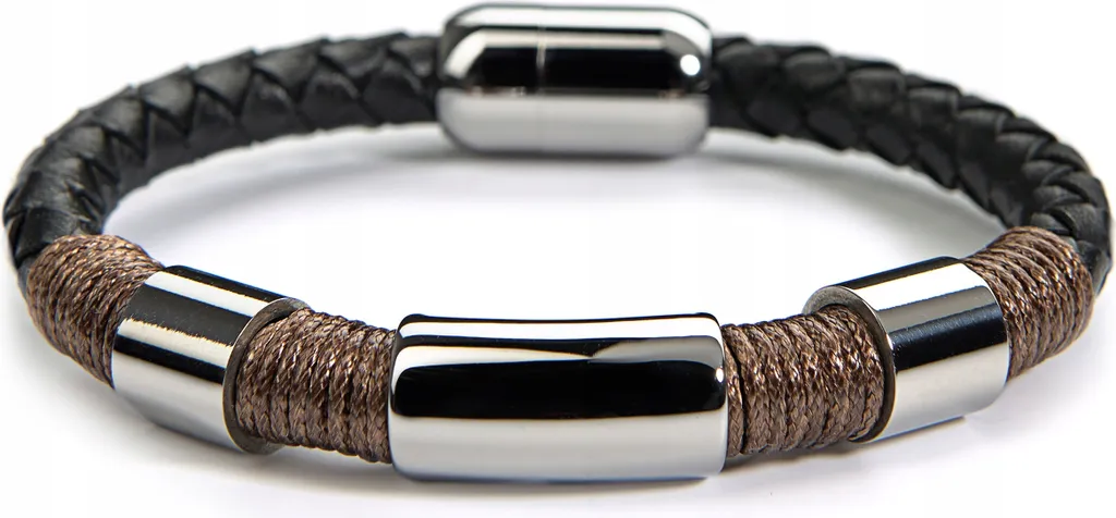 Bracelet homme en cuir noir et acier inoxydable - Bijou moderne Betlewski