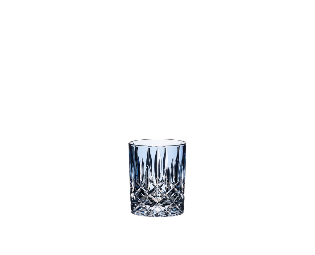 A blue crystal glass tumbler on a white background.