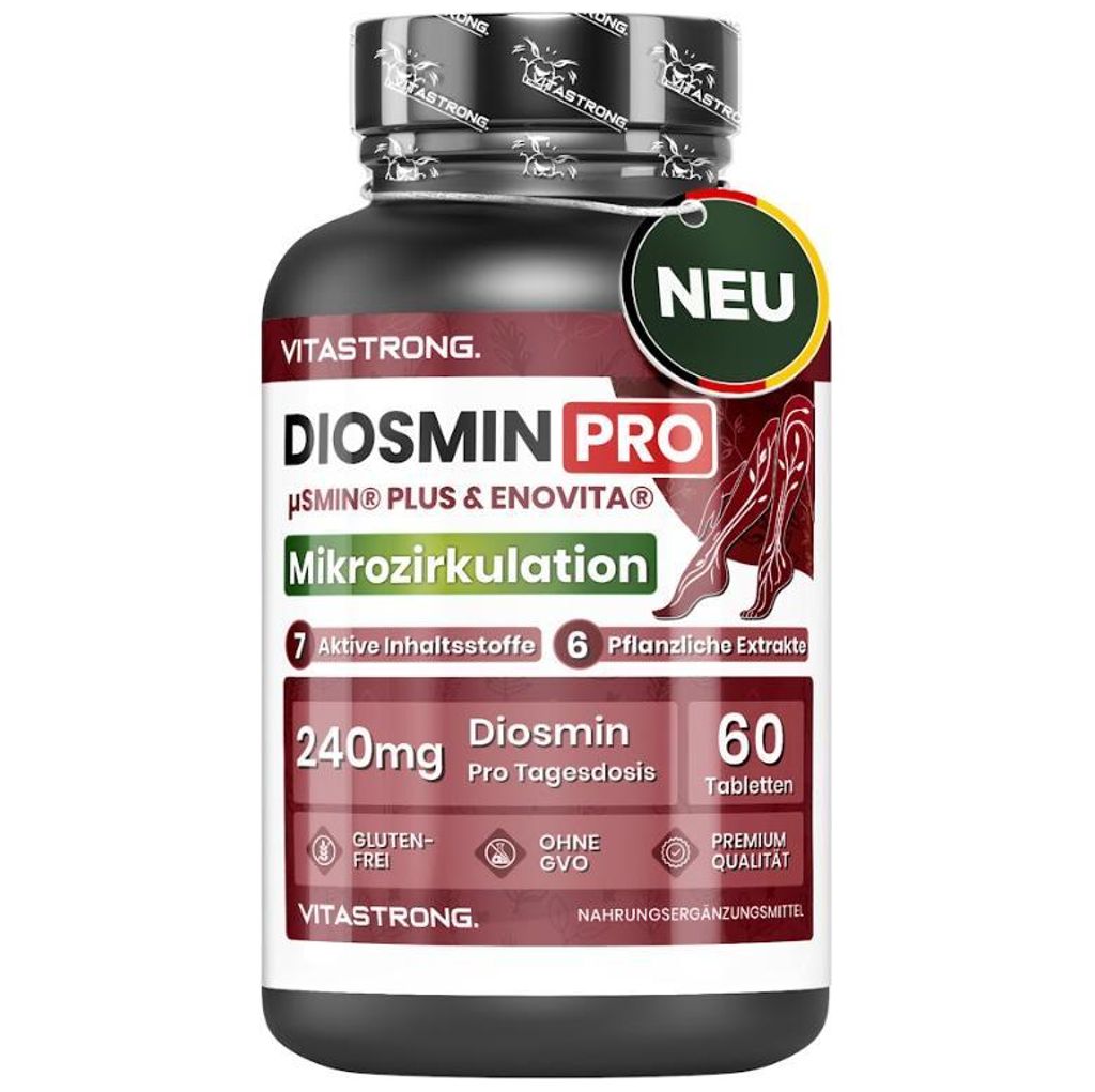 Diosmin PRO Vitastrong Vegan, Mikronisierter Diosmin-Komplex & Flavonoide, ENOVITA (Rotes Weinreben-Extrakt), Centella Asiatica, Rosskastanie, Mäu...