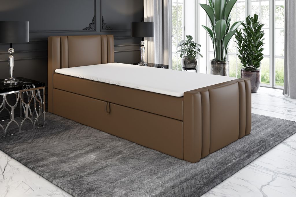 Boxspringbett, Jugendbett KLAUS 80x200 (Rechts) mit Bettkästen, Bonell-Matratze und Topper. Farbe: Braun.