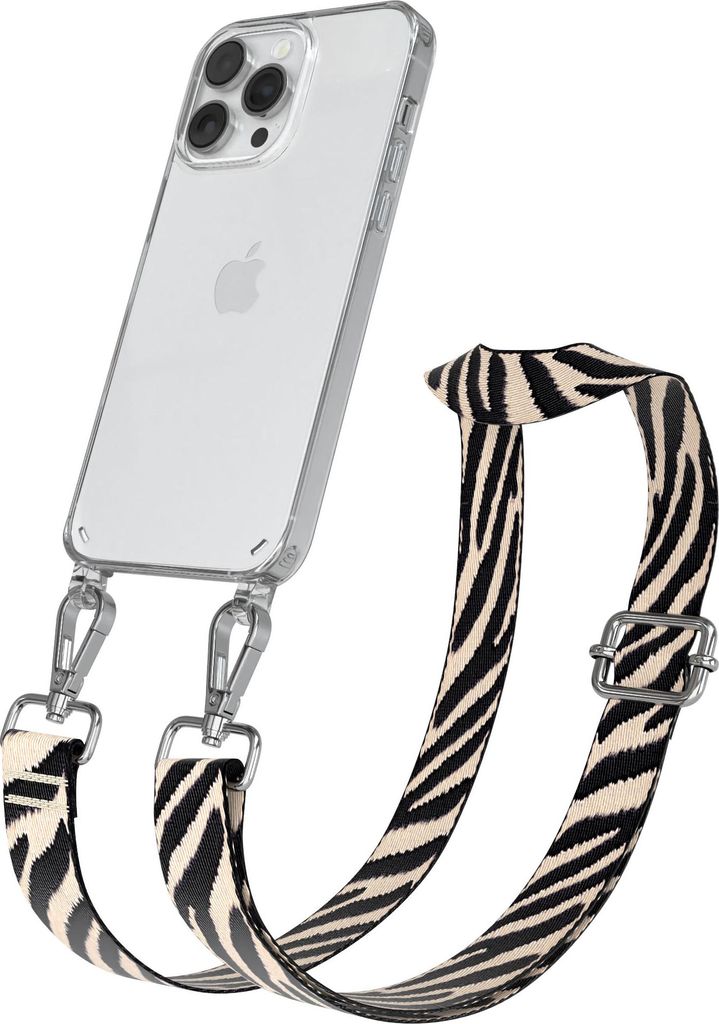 Apple iPhone 14 Pro Max Chain Eyelets Slim Neck Strap Set Zebra Style 13 Black/Taupe 06 Metall Silver
